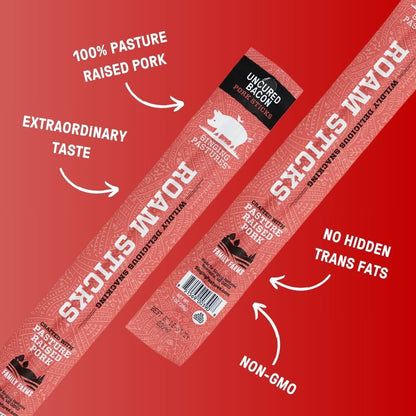 Uncured Bacon Meat Sticks Packaging with drawn attribute arrows pointing