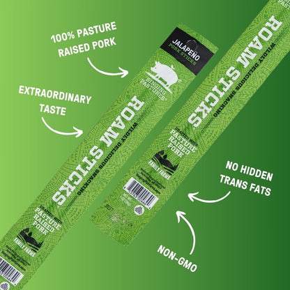 Jalapeño Meat Sticks Packaging with drawn attribute arrows pointing