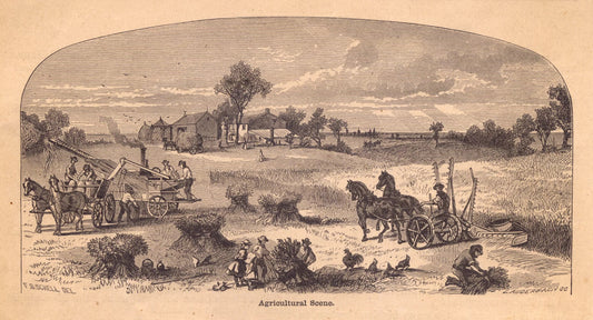 Ink print of a farm in harvest, from the mid 1800's